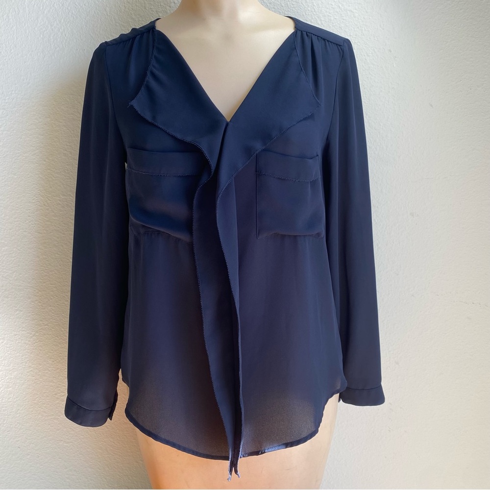 Zara Basic Women's Navy Blue Blouse Semi Sheer Long Sleeve Front Pockets Size XS